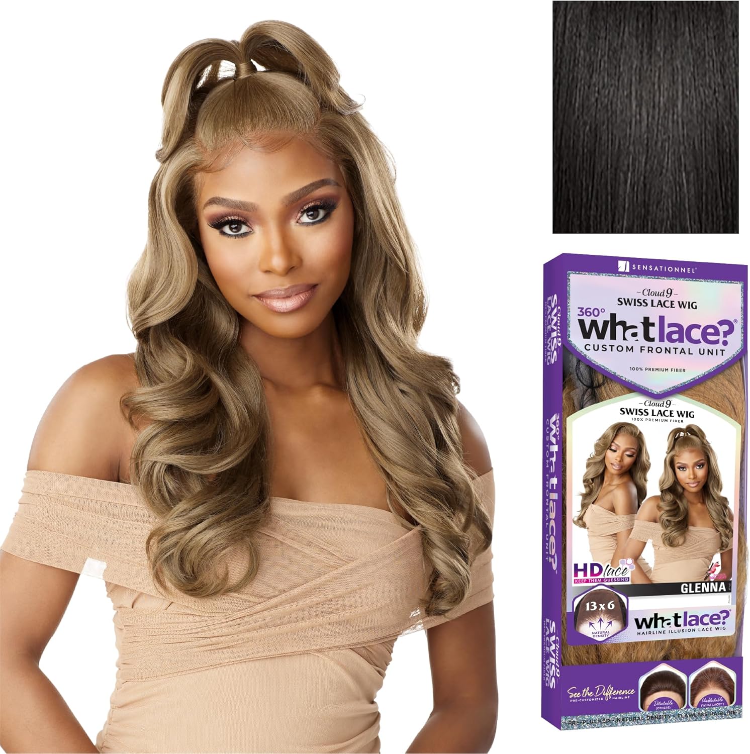 Sensationnel What Lace Glenna synthetic wig front view in shade 1B Off Black