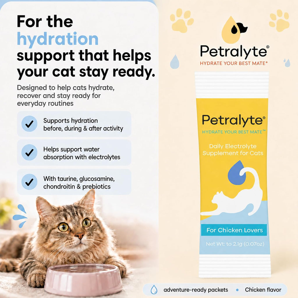 Back label view of Petralyte cat electrolyte supplement showcasing premium ingredients