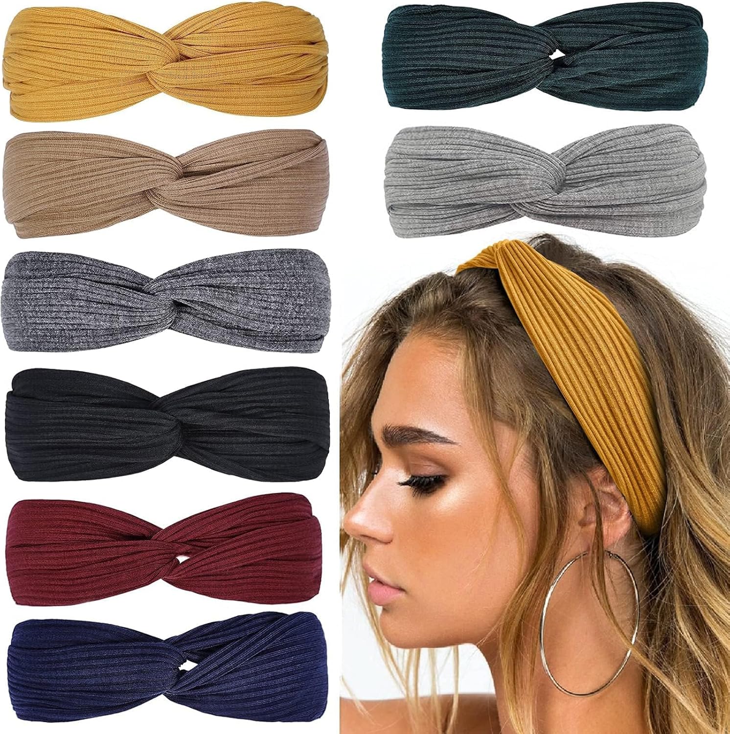 Huachi twist knotted boho headband front view on model