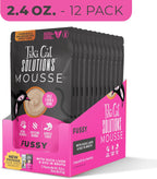 Twelve count outer retail box of Tiki Cat Solutions Fussy Mousse wet cat food
