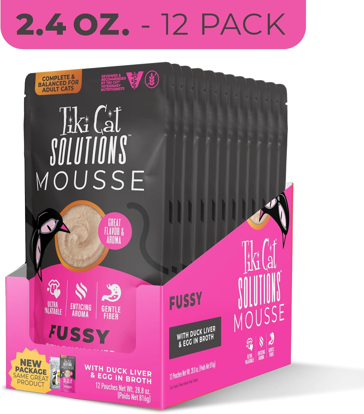 Twelve count outer retail box of Tiki Cat Solutions Fussy Mousse wet cat food