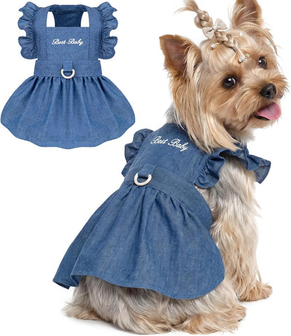BAOBICUTE denim dog dress front view featuring dark blue cotton fabric and ruffle sleeves for small pets.