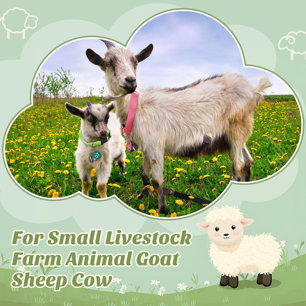 Foilswirl farm animal neck bands with attached audible grazing bells for herd monitoring.