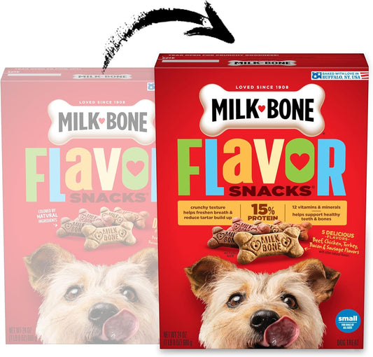 Milk-Bone small dog treats variety pack featuring crunchy biscuits for pet care.