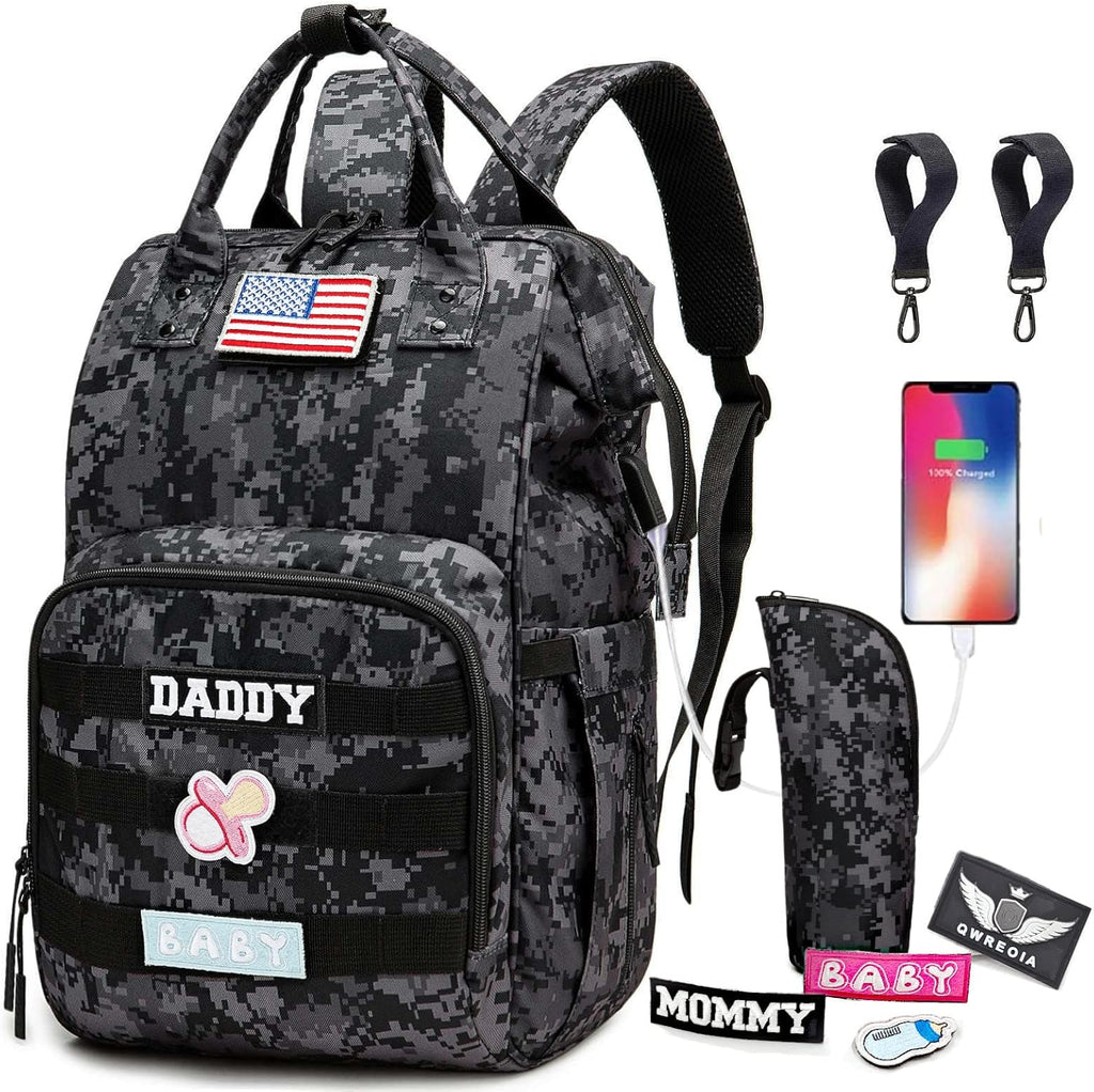 Qwreoia camo diaper bag backpack front view with tactical design