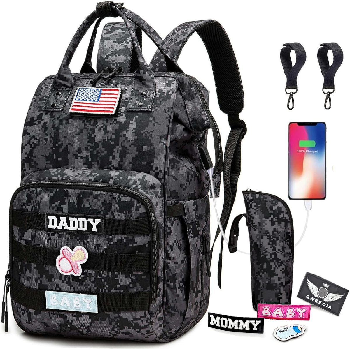 Qwreoia camo diaper bag backpack front view with tactical design