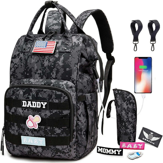 Qwreoia camo diaper bag backpack front view showcasing black and gray pixelated tactical camouflage pattern and daddy patch