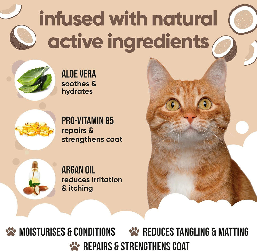 Back label view of pH balanced coconut cat conditioner with usage instructions.