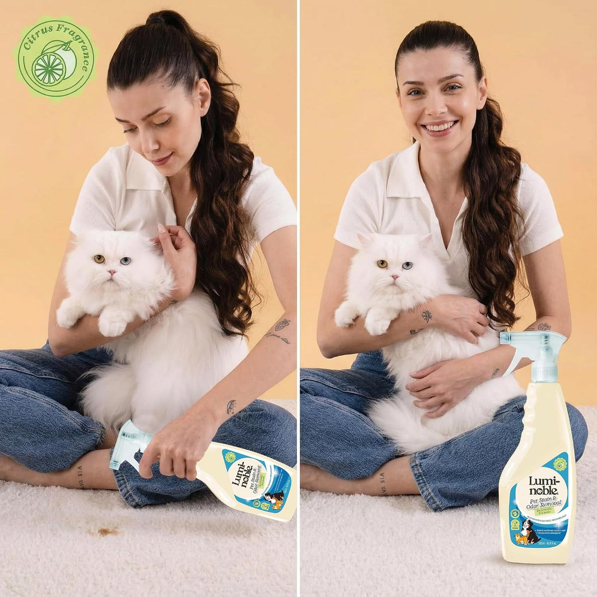 Close up view of the nozzle and packaging of Lumi-Noble pet spray.