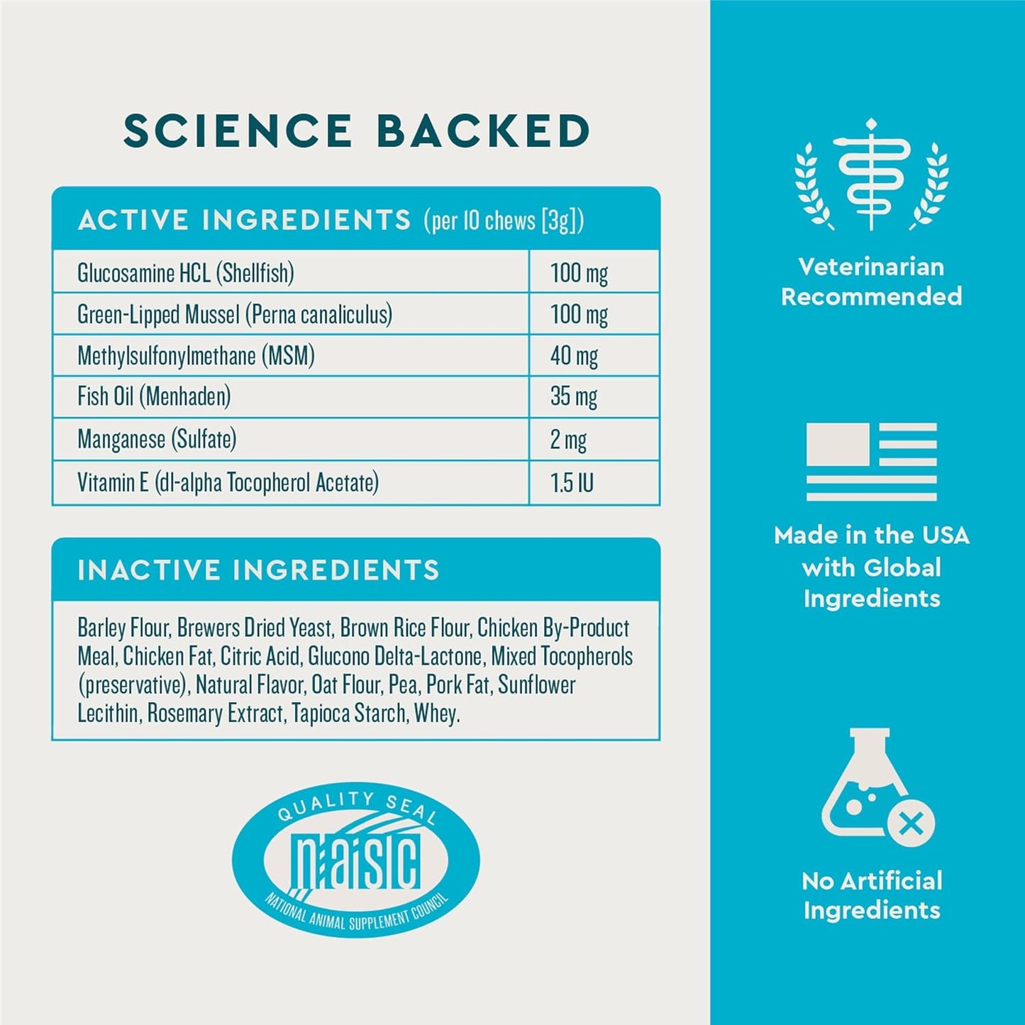 VetIQ cat hip and joint supplement ingredient label