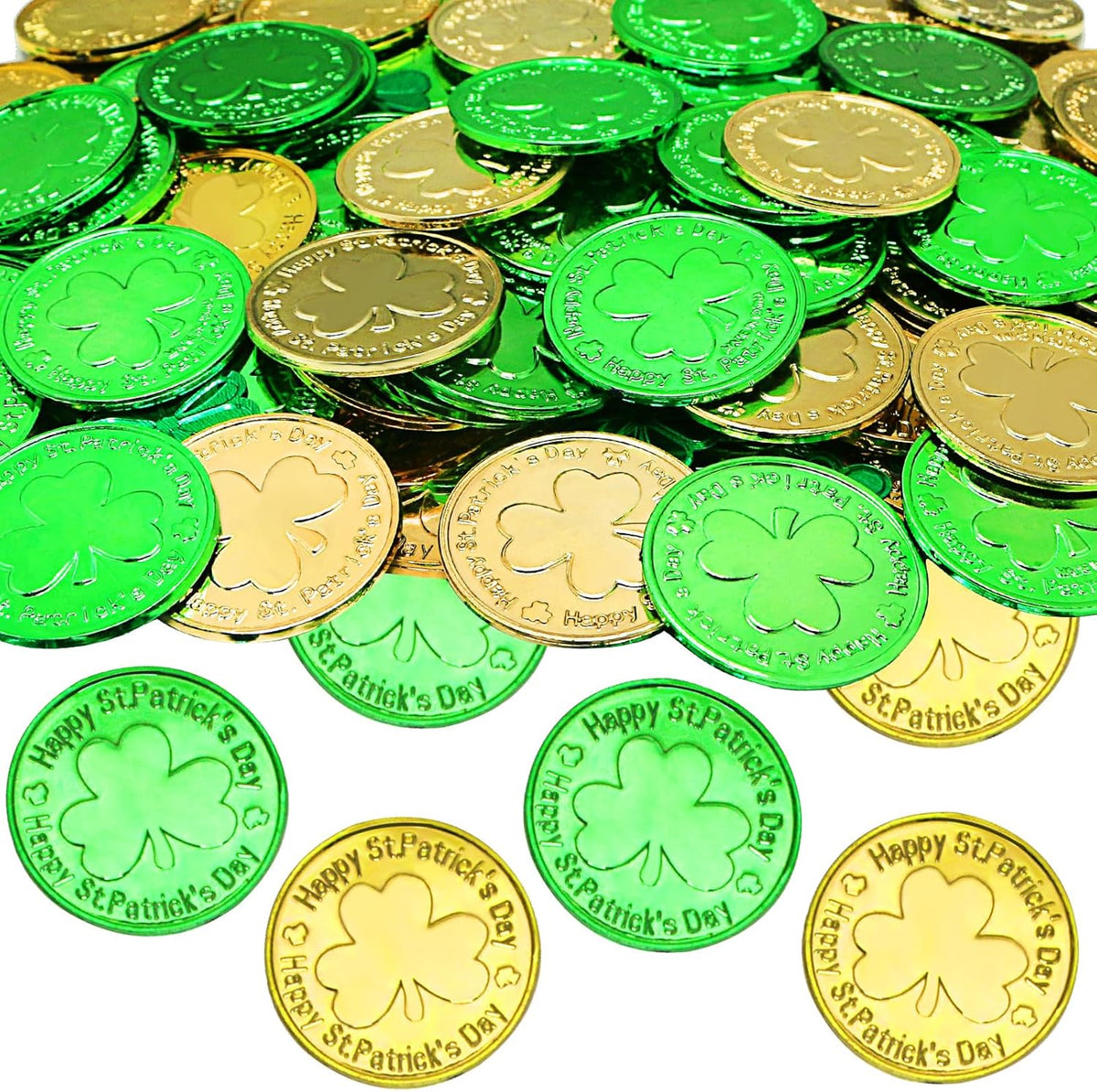 Giaueoa St Patricks Day coins front view showing green and gold plastic shamrock tokens scattered on a surface.