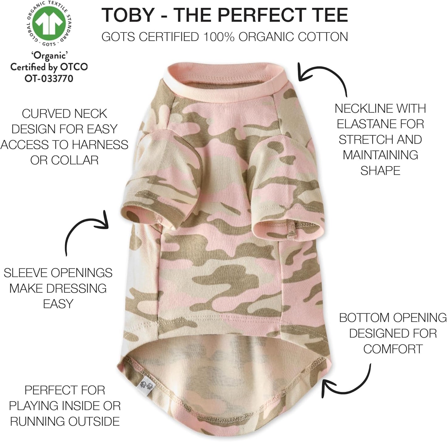 Side view of dog wearing pink camo Pet Passion t-shirt showing fit