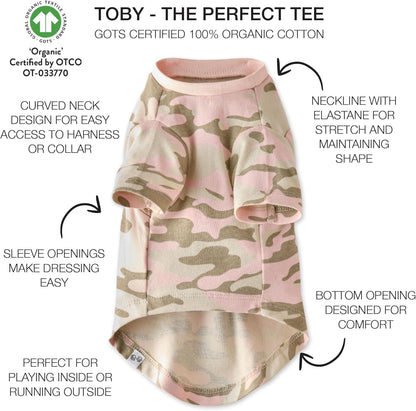 Side view of dog wearing pink camo Pet Passion t-shirt showing fit