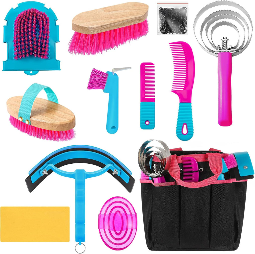 Complete layout of the Abbylike twelve piece professional horse grooming kit in khaki and green color scheme.