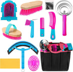 Complete layout of the Abbylike twelve piece professional horse grooming kit in khaki and green color scheme.