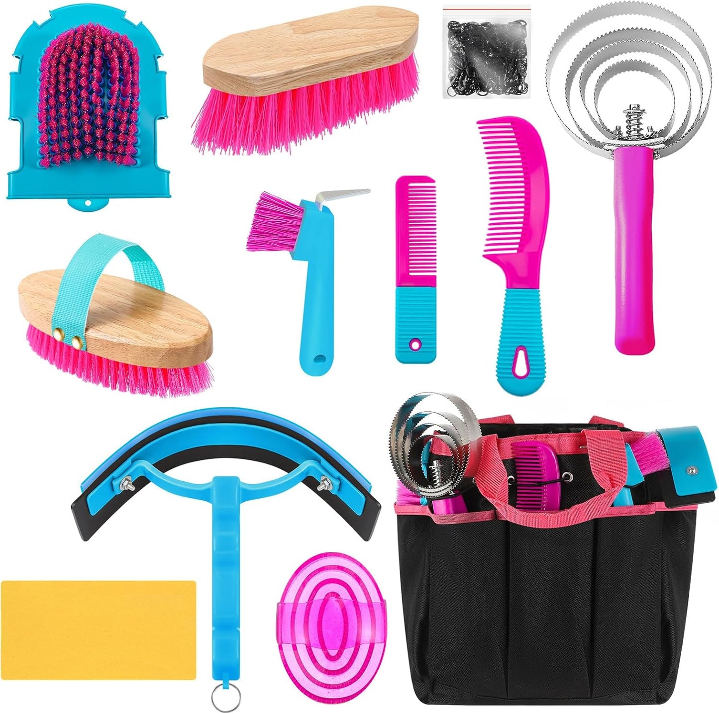 Complete layout of the Abbylike twelve piece professional horse grooming kit in khaki and green color scheme.