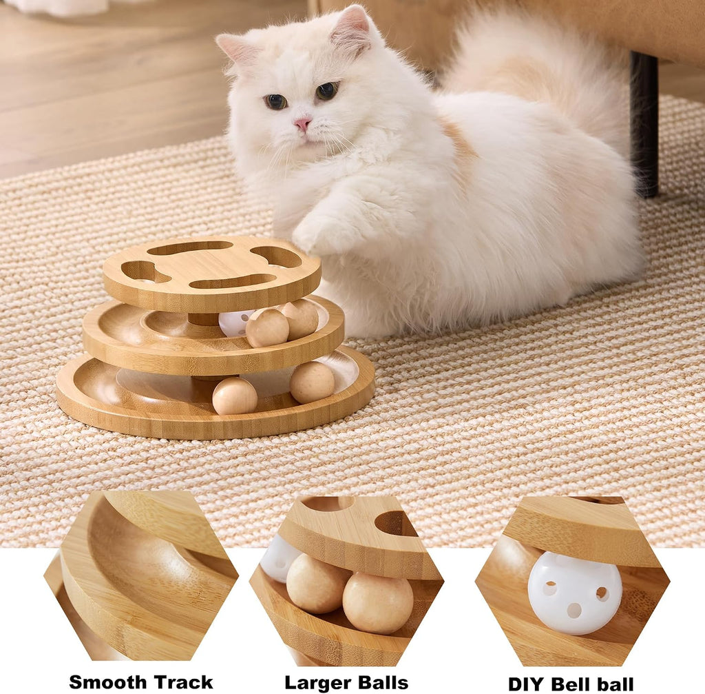 Cat playing with Zomisia interactive wooden ball track tower