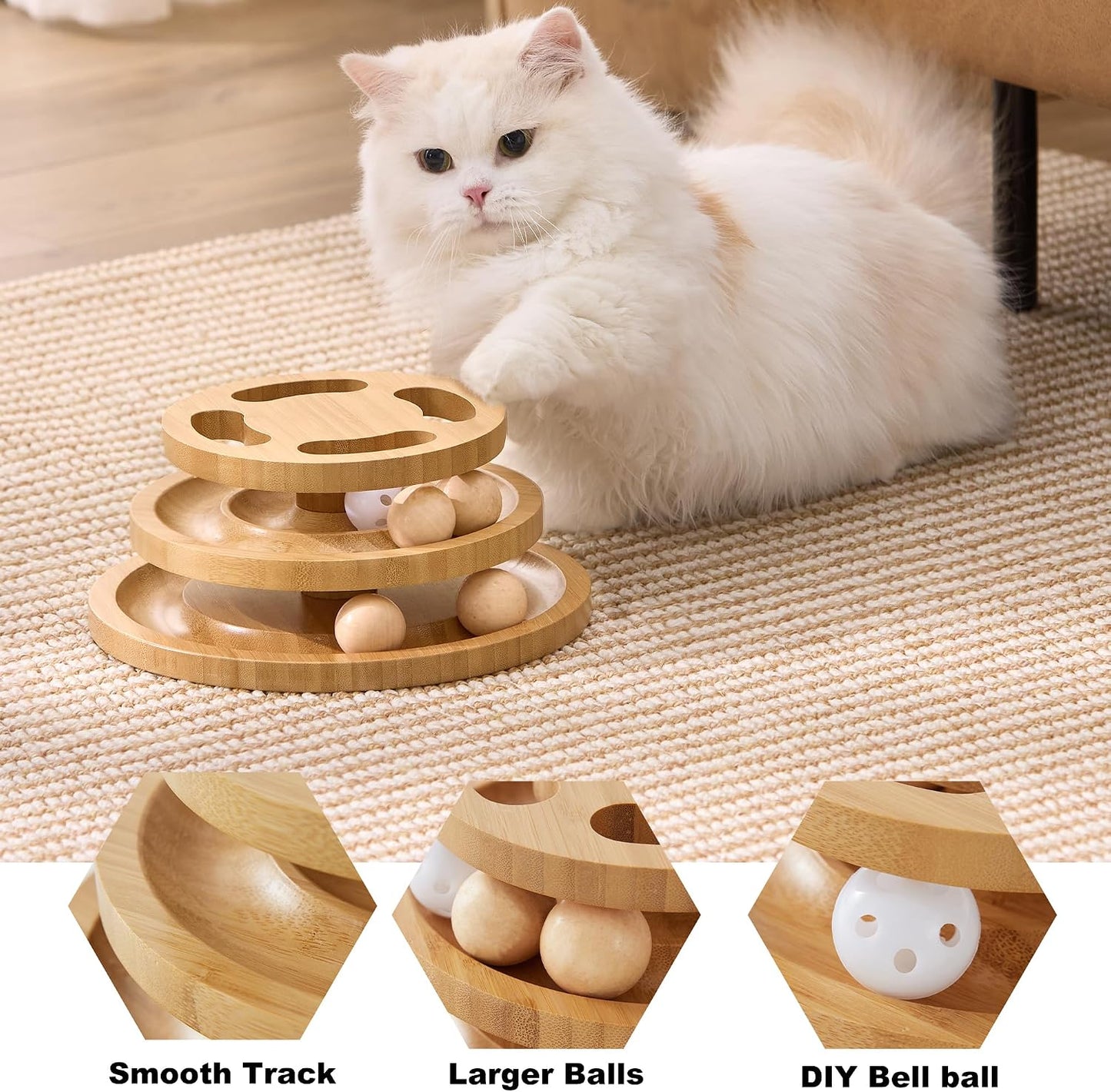 Cat playing with Zomisia interactive wooden ball track tower