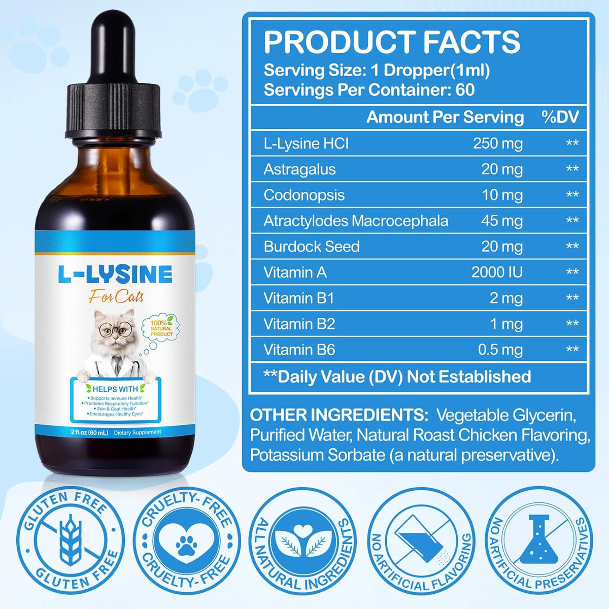 Premium immune support drops for cats showing roast chicken flavor label.