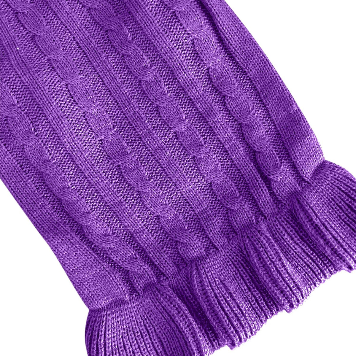 Chihuahua sized purple knitted outerwear laid flat to showcase detailed measurements