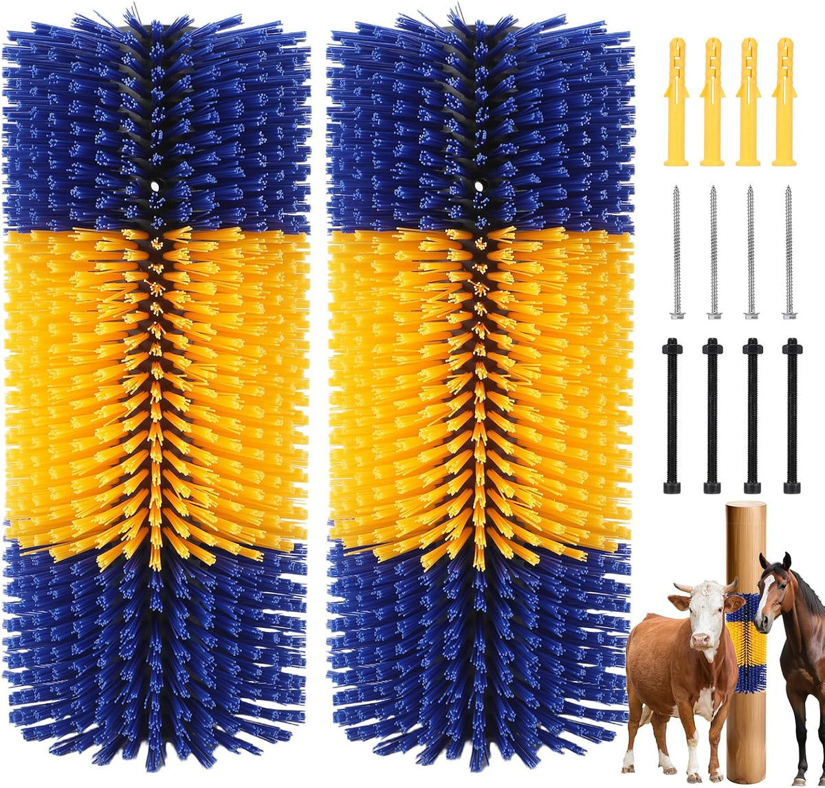 BAOXIALIKEMAO livestock scratching brush two piece set front view showing blue and yellow design for farm animal grooming