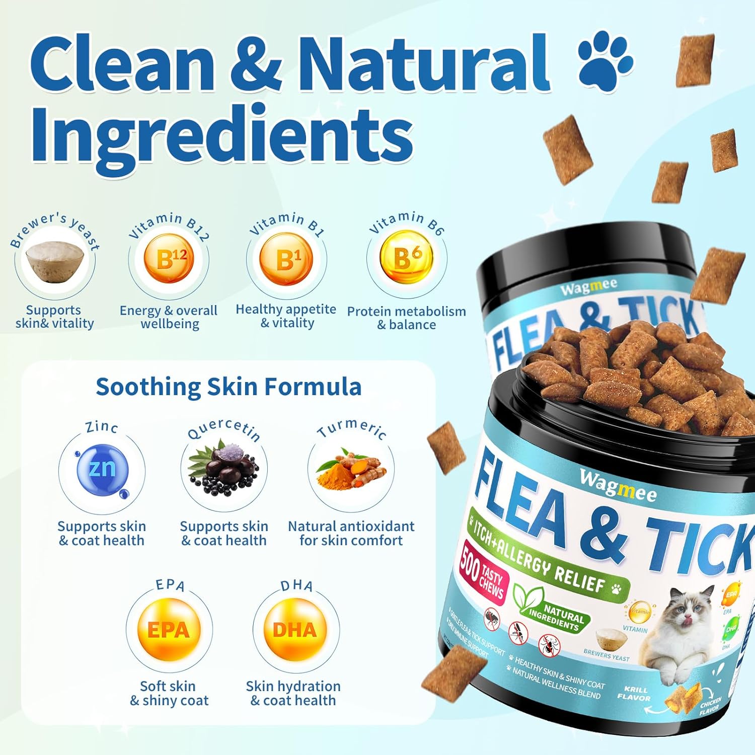 Premium oral flea treatment for cats containing natural coconut oil and brewer's yeast ingredients.