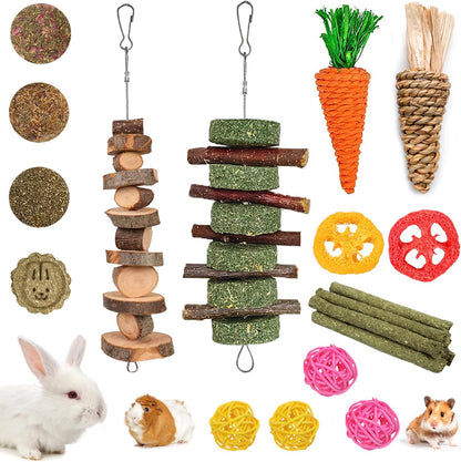 Grddaef Bunny Chew Toys 20-piece pack showcasing natural apple wood molar strings and timothy grass balls