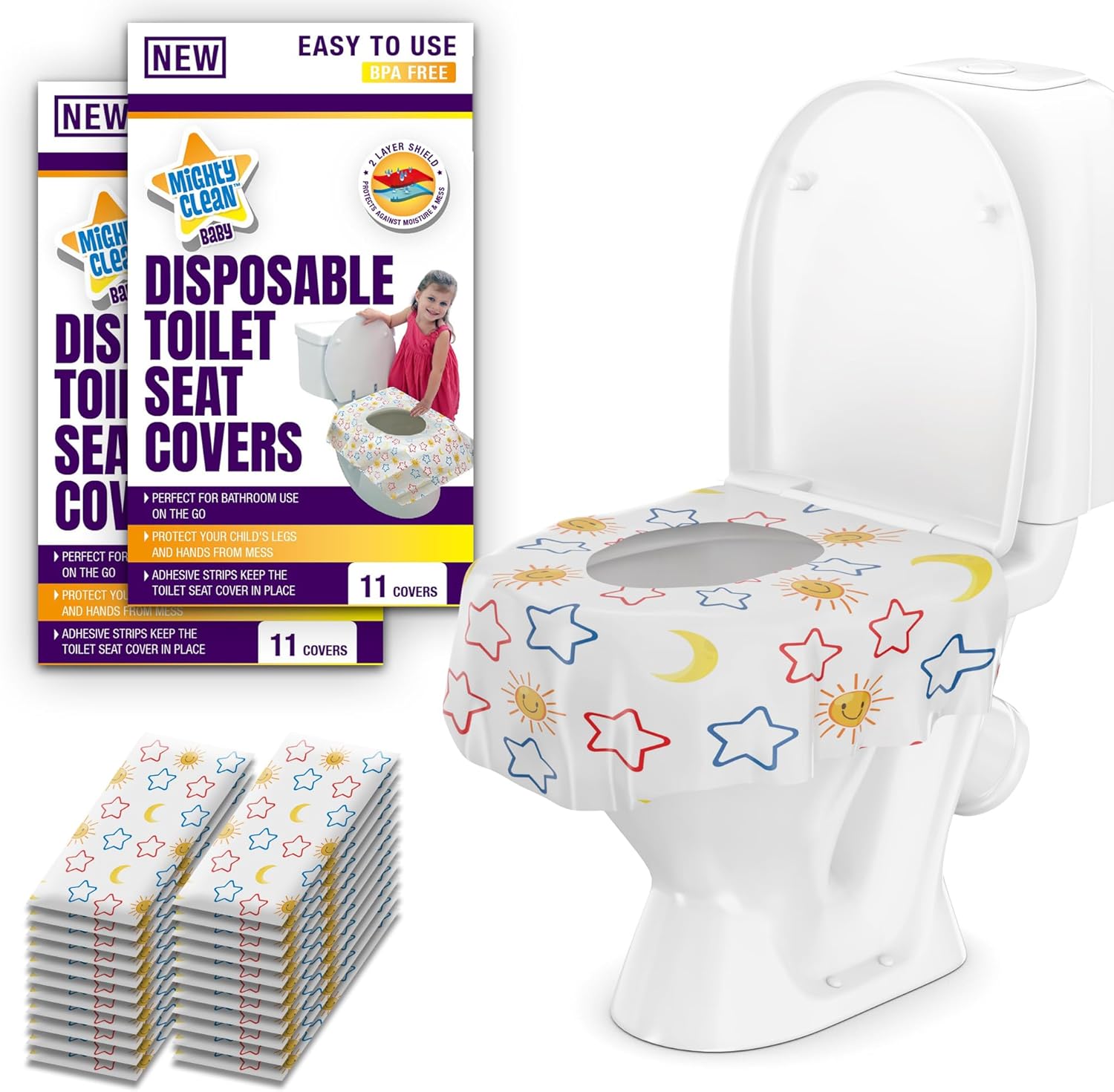 Mighty Clean Baby disposable toilet seat covers retail packaging front view showing twenty two count travel pack.
