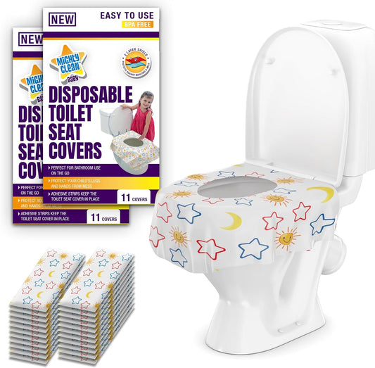 Mighty Clean Baby disposable toilet seat covers retail packaging front view showing twenty two count travel pack.