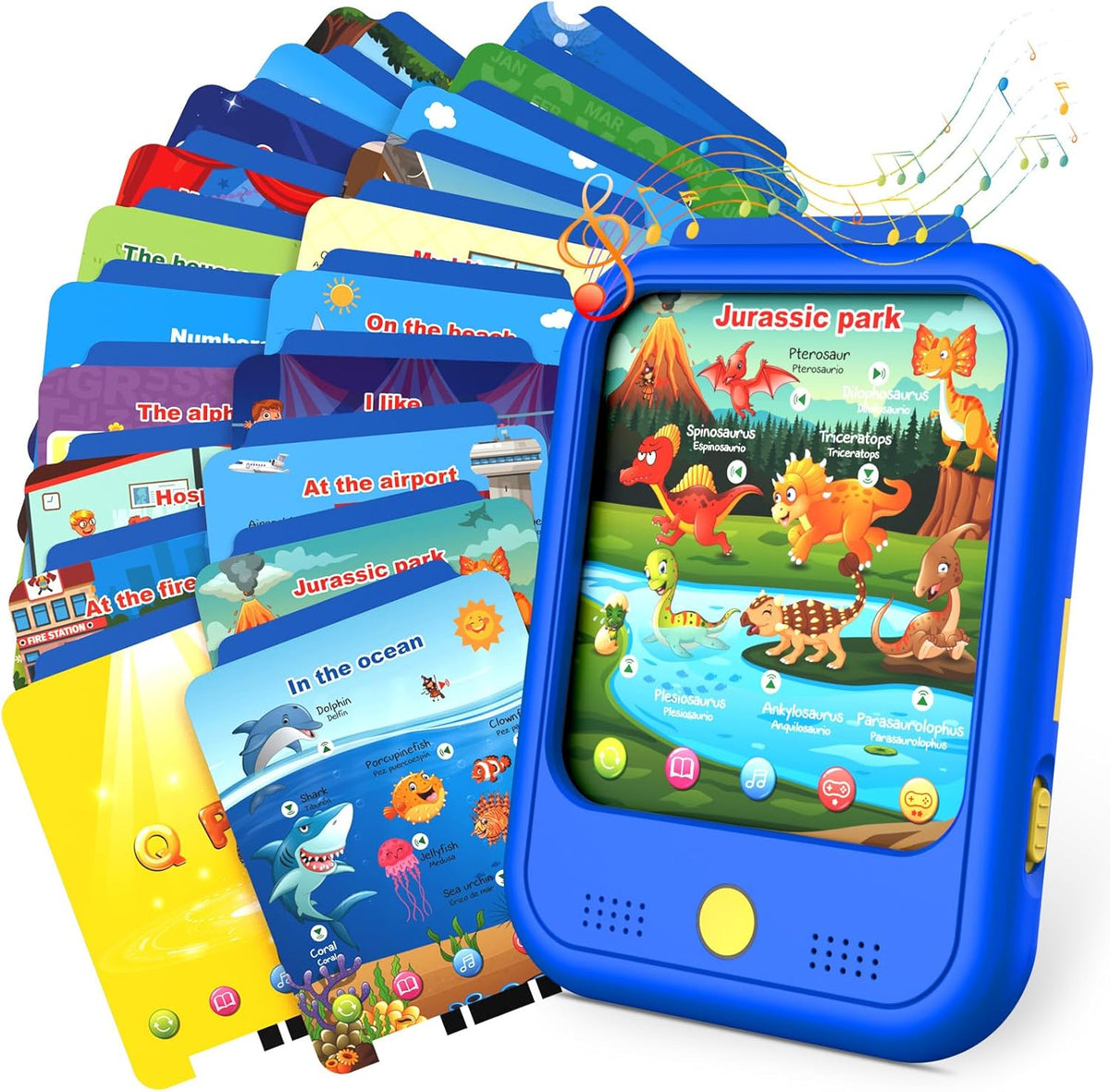 Qiaojoy kids learning tablet blue front view showing educational card inserted