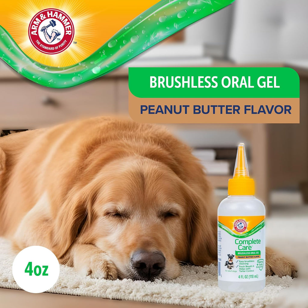 Arm And Hammer dog dental gel peanut butter flavor bottle close up