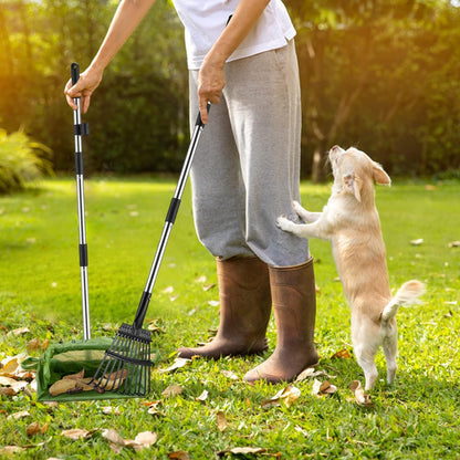 Toozey pet waste cleanup kit showing the fully extended fifty four inch comfortable handle assembly