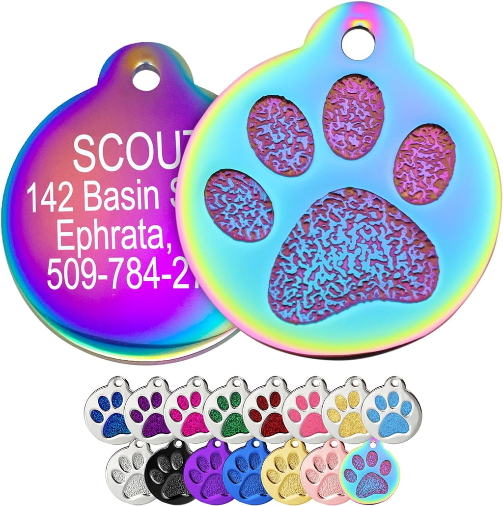 GoTags Paw Print Round Stainless Steel Pet Tag for Dogs and Cats, Personalized with 4 Lines of Custom Engraved ID Name and Number, in Stainless Steel and 15 Colors Small and Large, Glitter Blue - Image 10