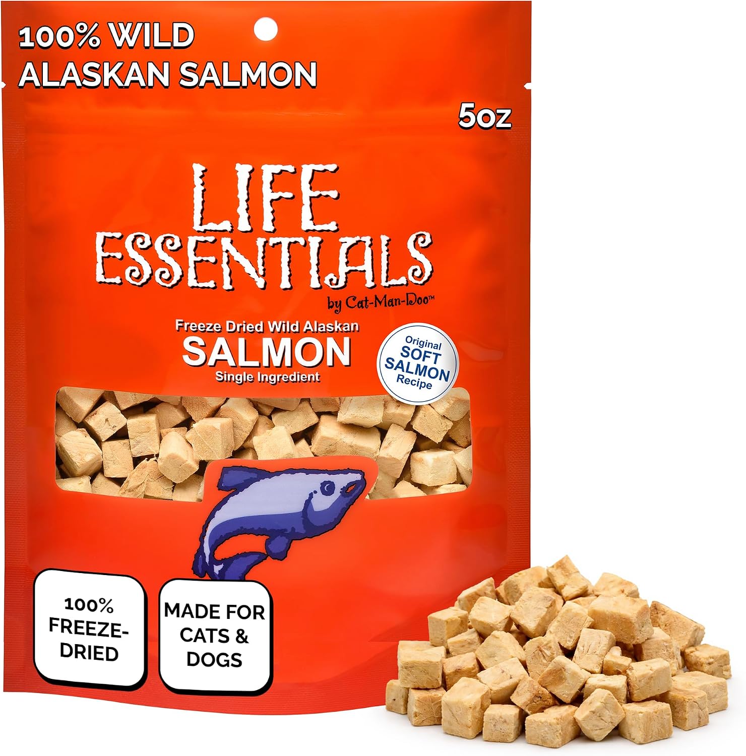 Cat-Man-Doo Life Essentials freeze dried wild Alaskan salmon 5 ounce bag front view showcasing single ingredient pet treats.
