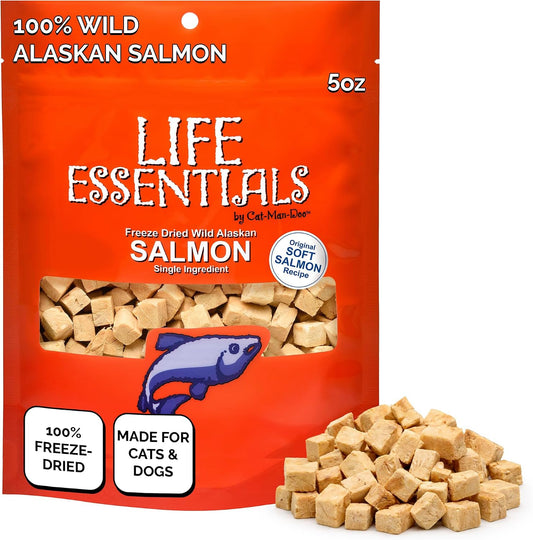 Cat-Man-Doo Life Essentials freeze dried wild Alaskan salmon 5 ounce bag front view showcasing single ingredient pet treats.