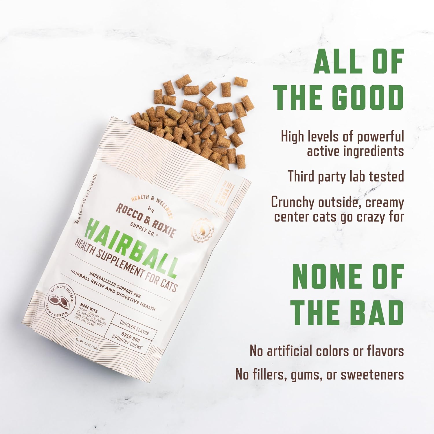 Back label of Rocco and Roxie cat hairball crunchy treats showing high quality ingredients.