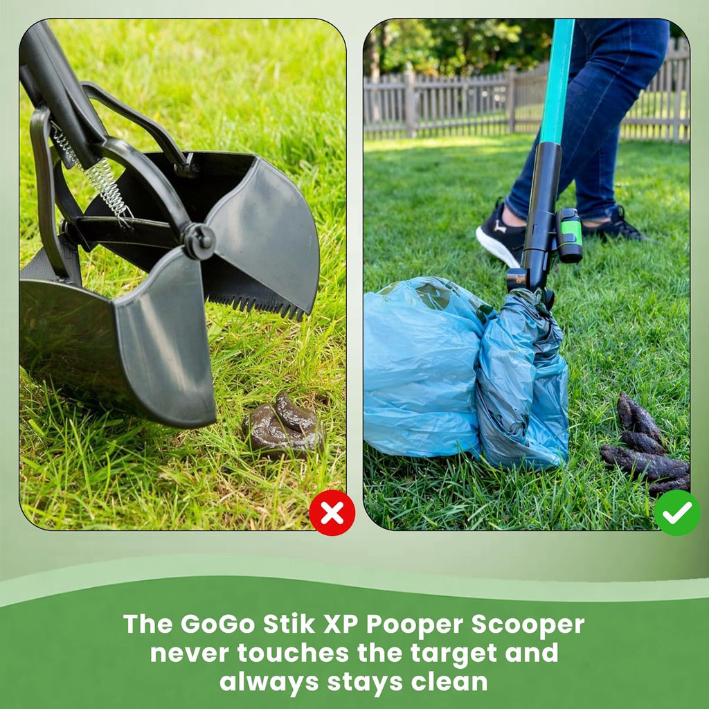 GoGo Stik long handle dog waste picker tool showing bag attachment mechanism