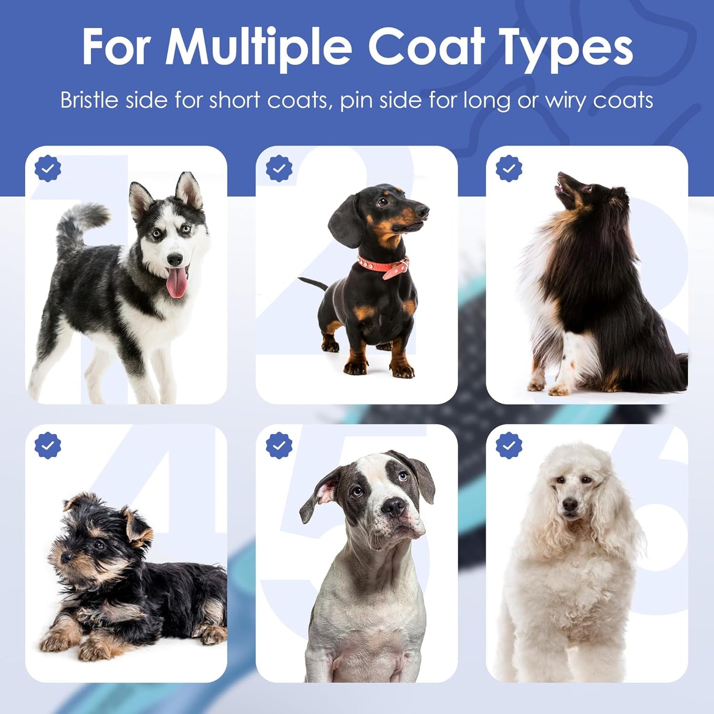 USA imported double sided pet brush removing loose fur from a dog