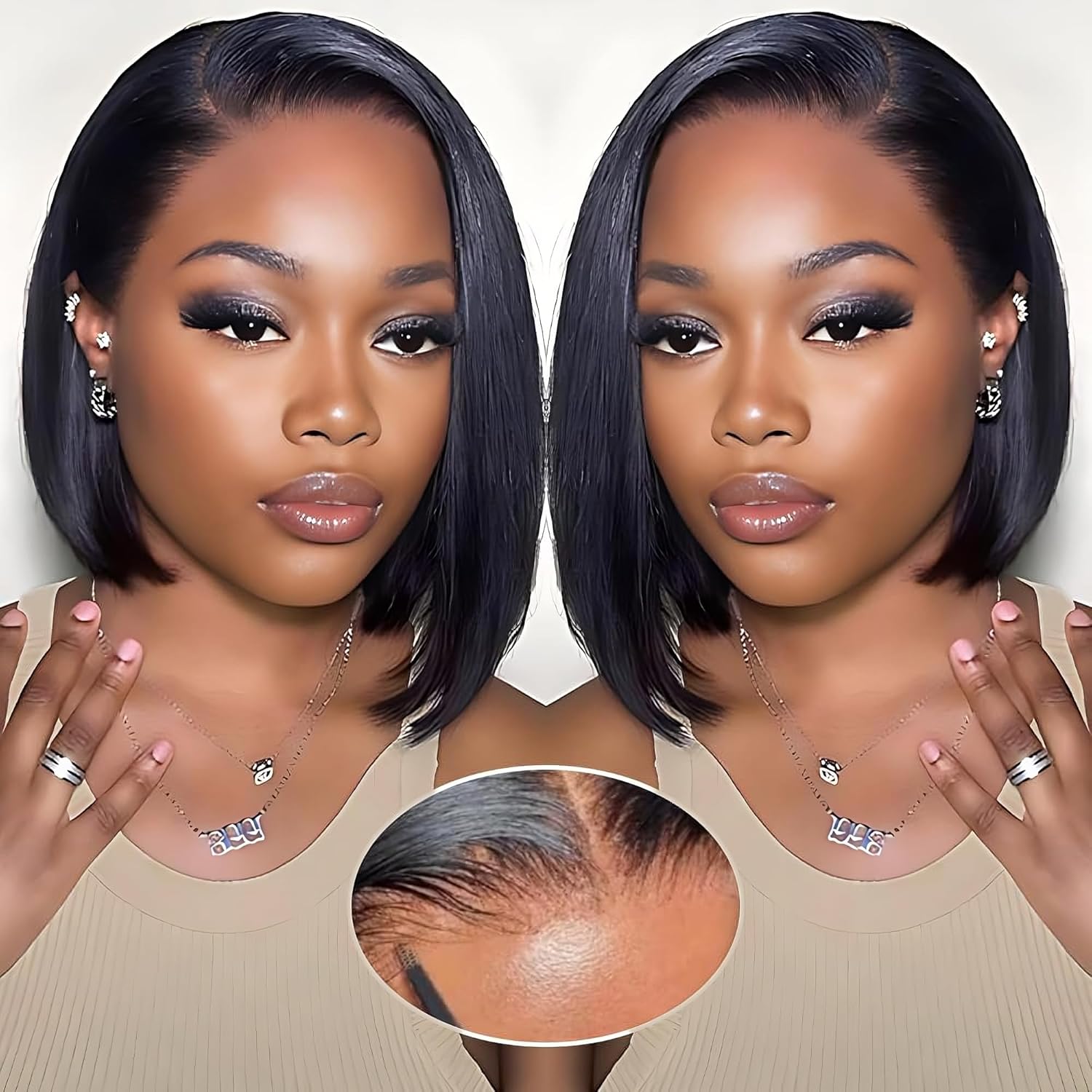 EQ DUOUPA Wear and Go Glueless Bob Wig front view showcasing the natural straight ten-inch black human hair styling.