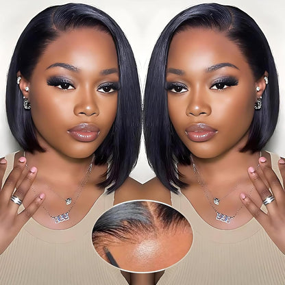 EQ DUOUPA Wear and Go Glueless Bob Wig front view showcasing the natural straight ten-inch black human hair styling.
