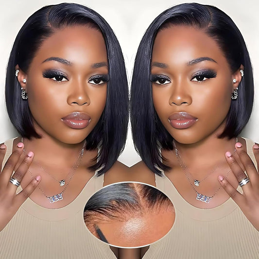 EQ DUOUPA Wear and Go Glueless Bob Wig front view showcasing the natural straight ten-inch black human hair styling.