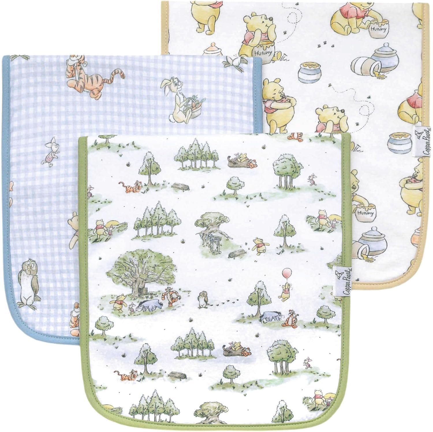 Copper Pearl baby burp cloth 3 pack front view showing premium cotton printed patterns.