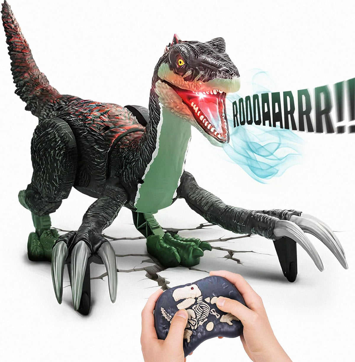 Toy Feast remote control velociraptor dinosaur front view