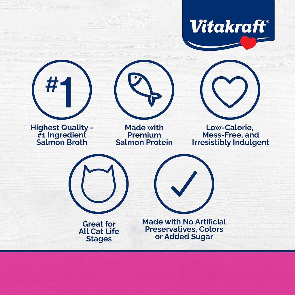 Vitakraft salmon liquid cat treat packaging showing real salmon ingredients