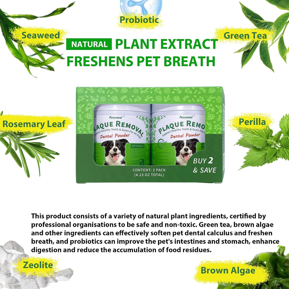 Back label of Petstoral dental powder showing ingredients