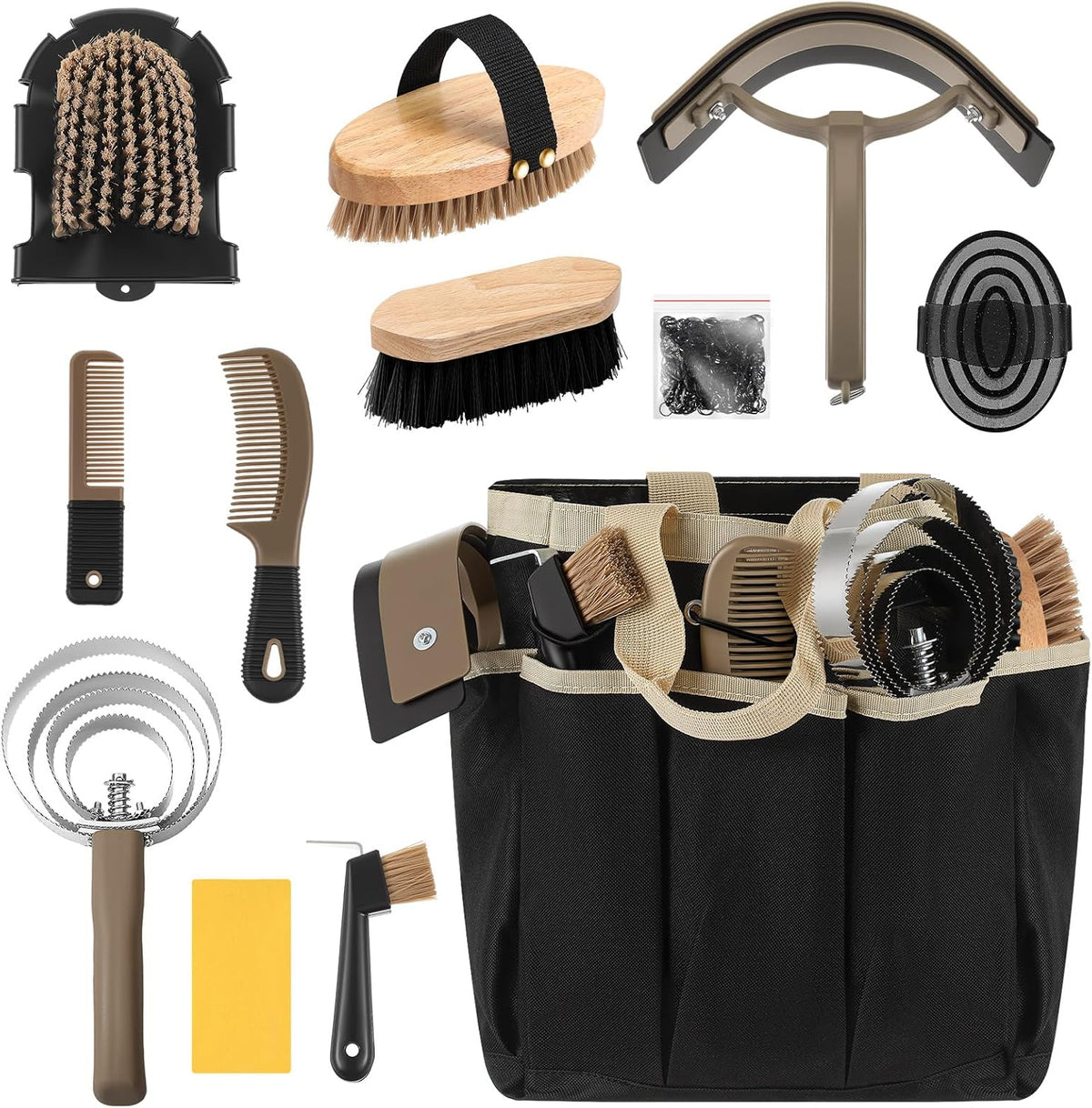 Abbylike 12 Piece Horse Grooming Kit with Organizer Tote Bag Brush Sets for Derby Day Show Horses Professional Tools for Care & Massage(Khaki and Green) - Image 10