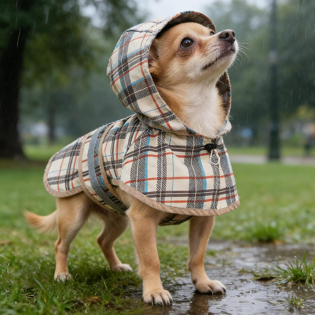 Barks And Wags Pawfect Shield dog raincoat front view featuring classic beige plaid pattern