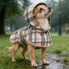 Barks And Wags Pawfect Shield dog raincoat front view featuring classic beige plaid pattern