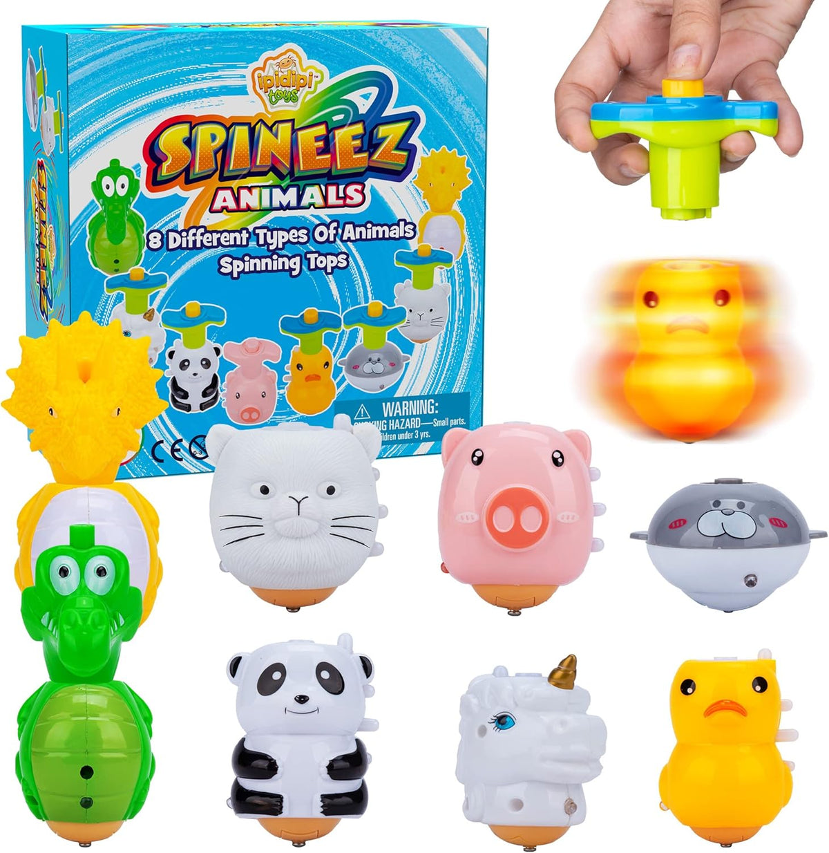 Ipidipi Toys Spineez animal light up spinning tops 8 pack front view