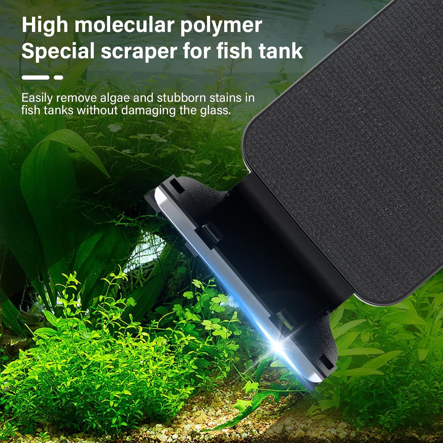 Hygger magnetic aquarium cleaner displaying interchangeable stainless steel and plastic scraper blades.